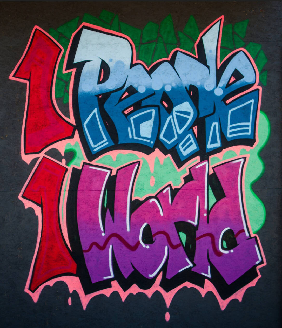 Graffitti like painting on wood panel of the words "1 people, 1 world"